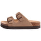 Cream sandals with two buckle straps and a contoured cork footbed