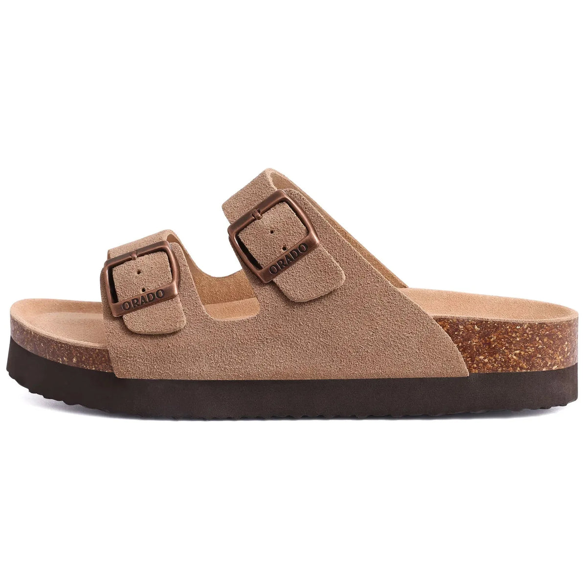 Cream sandals with two buckle straps and a contoured cork footbed