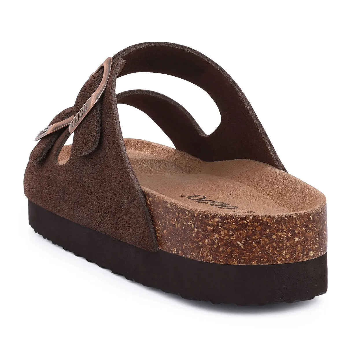 Cream sandals with two buckle straps and a contoured cork footbed