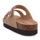 Cream sandals with two buckle straps and a contoured cork footbed