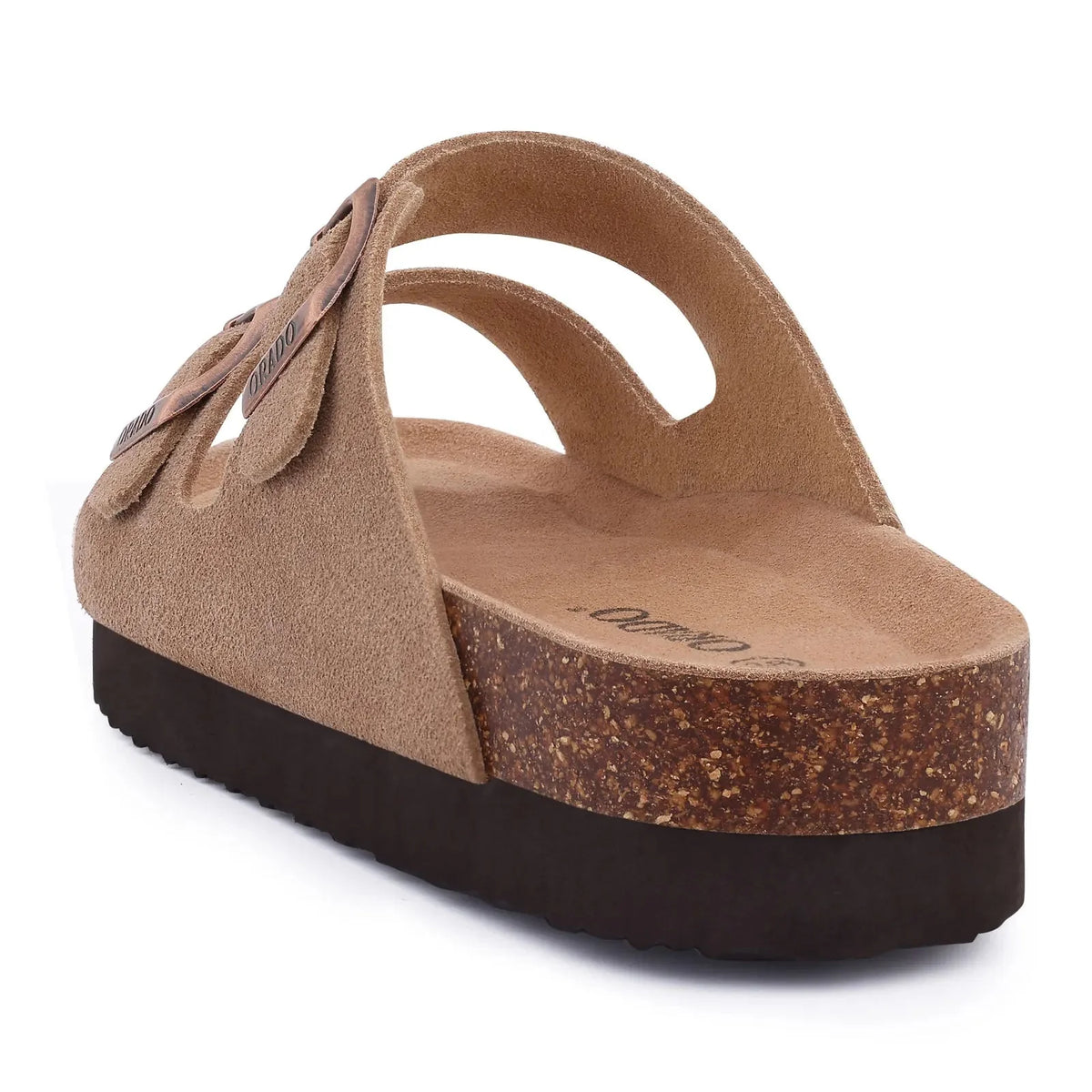 Cream sandals with two buckle straps and a contoured cork footbed