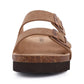 Cream sandals with two buckle straps and a contoured cork footbed