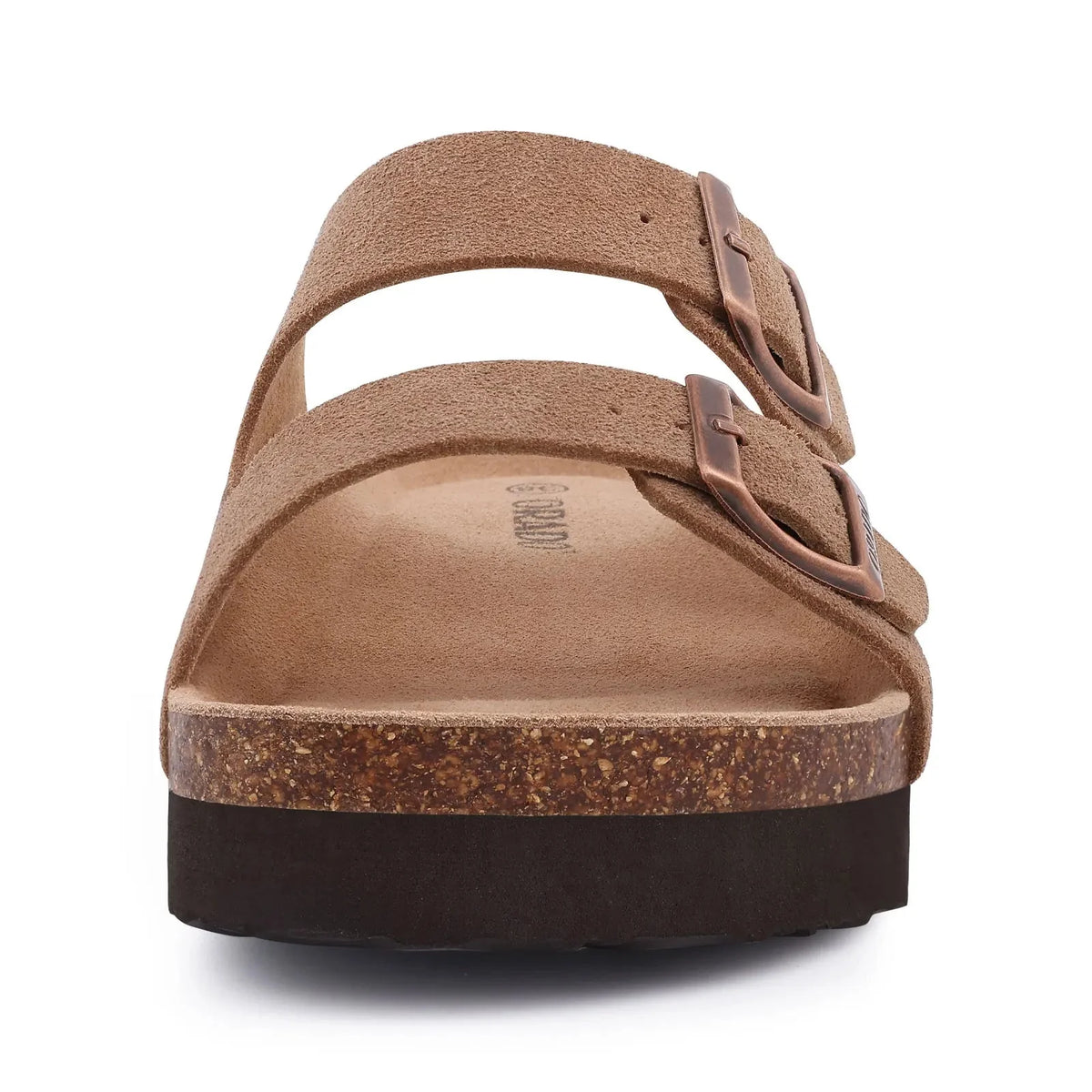 Cream sandals with two buckle straps and a contoured cork footbed