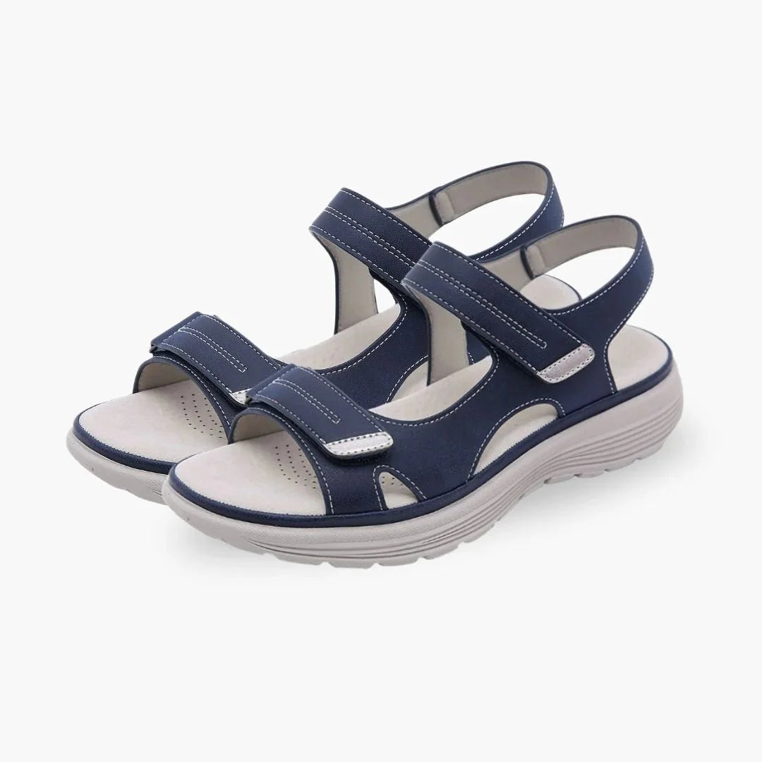 Women's orthopedic sandals with wide straps and a roomy toe box, in black, blue and gray