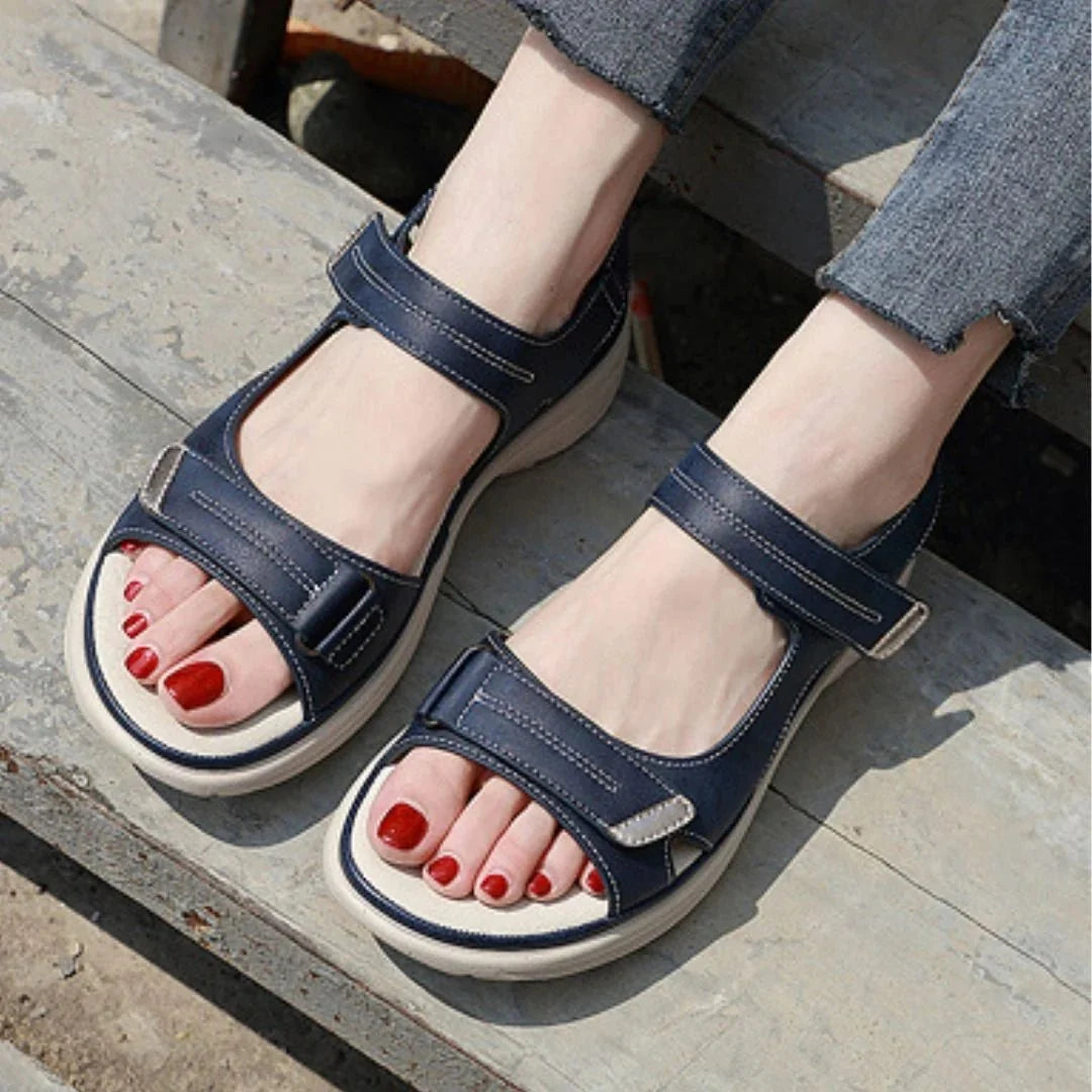 Women's orthopedic sandals with wide straps and a roomy toe box, in black, blue and gray