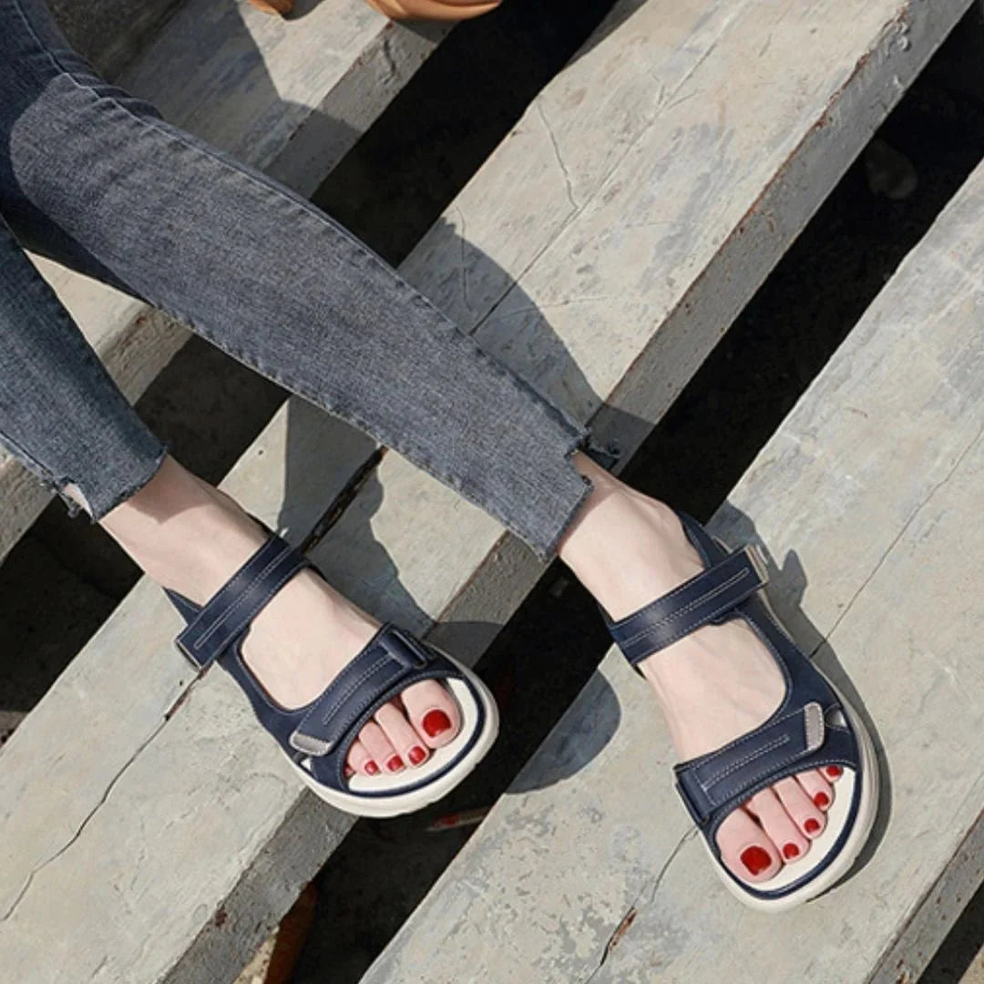 Women's orthopedic sandals with wide straps and a roomy toe box, in black, blue and gray