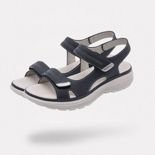 Women's orthopedic sandals with wide straps and a roomy toe box, in black, blue and gray