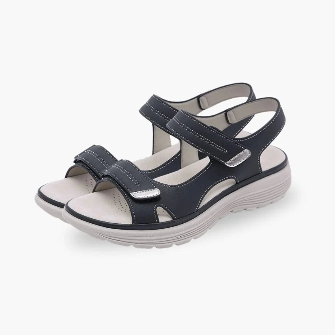 Women's orthopedic sandals with wide straps and a roomy toe box, in black, blue and gray