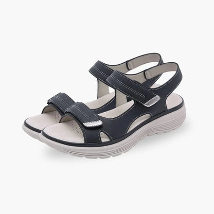 Women's orthopedic sandals with wide straps and a roomy toe box, in black, blue and gray