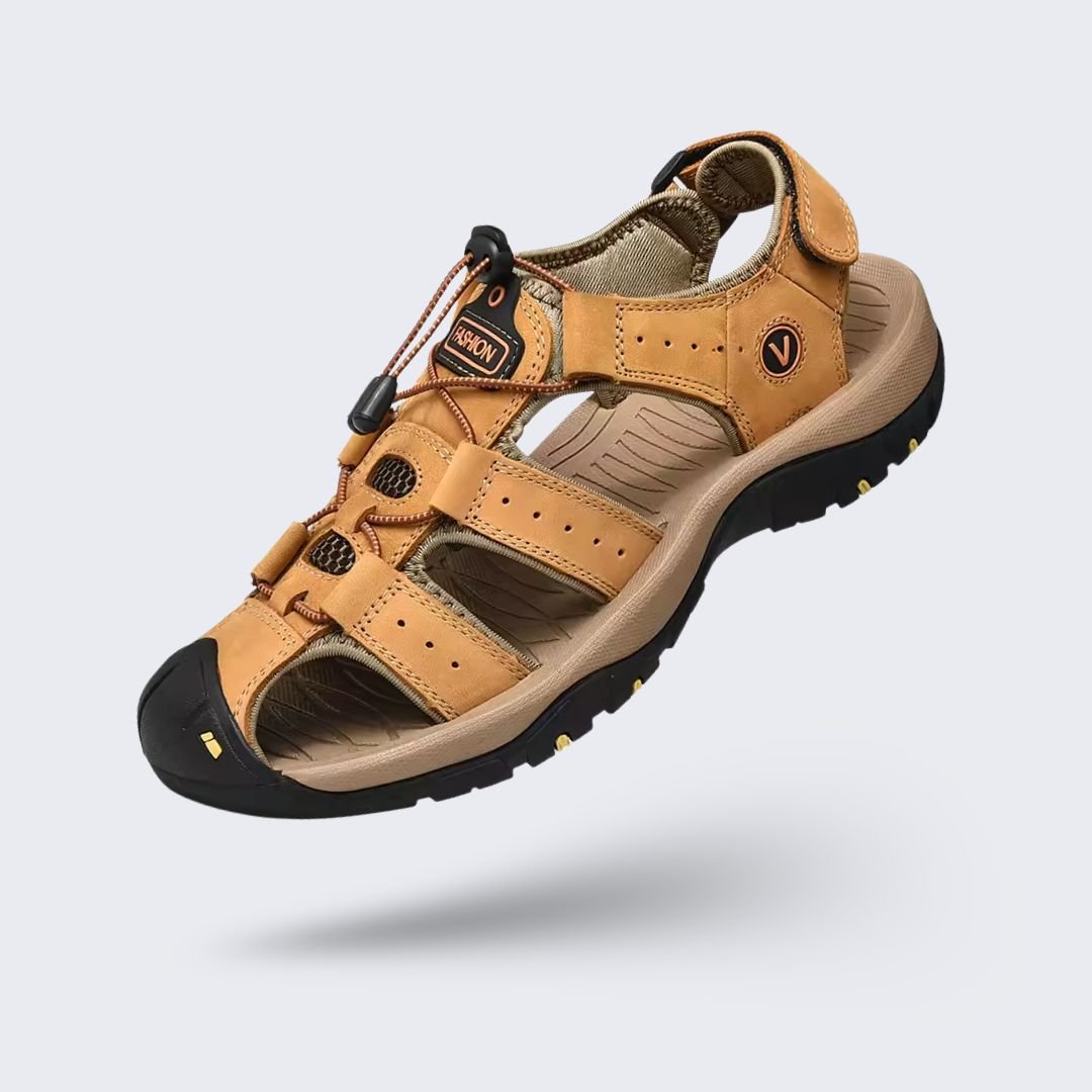 Brown leather orthopedic sandals with buckled straps and a contoured footbed