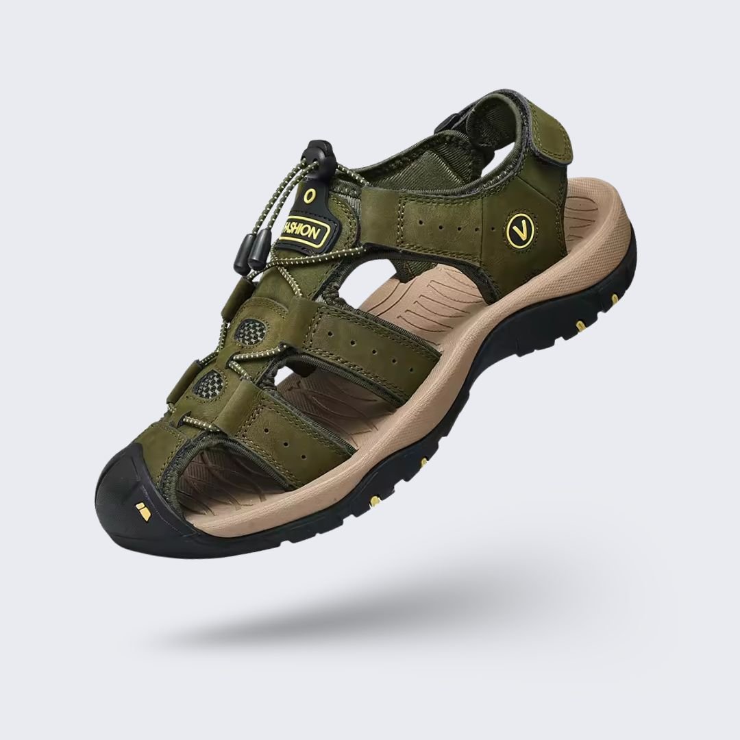 Brown leather orthopedic sandals with buckled straps and a contoured footbed