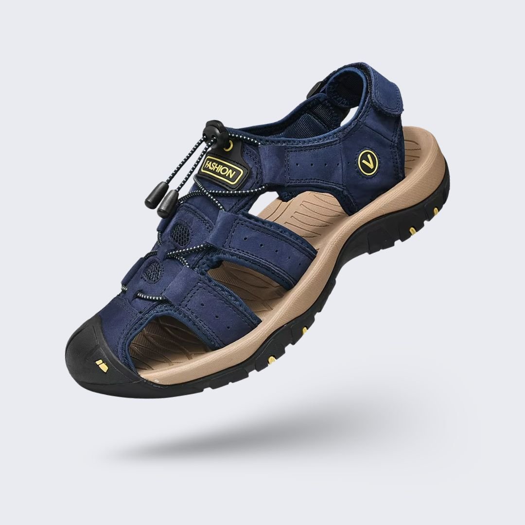 Brown leather orthopedic sandals with buckled straps and a contoured footbed
