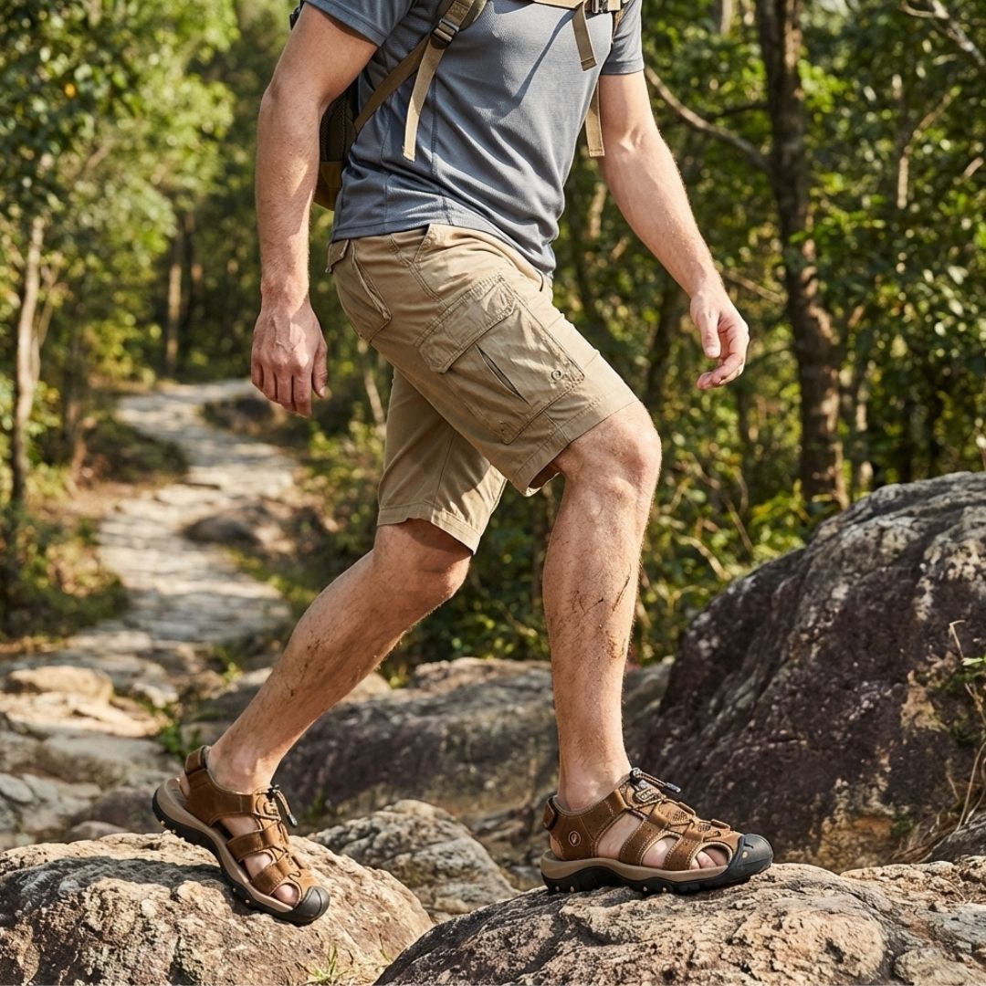 Brown leather orthopedic sandals with buckled straps and a contoured footbed