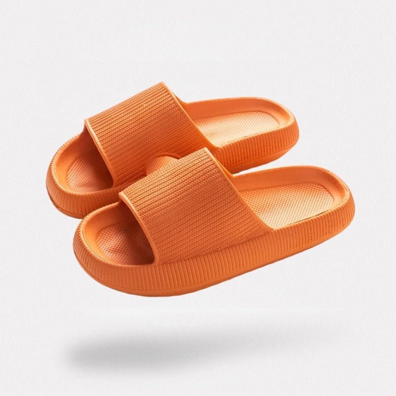 Orthopedic slide sandals with a contoured footbed, in orange, yellow, pink and blue