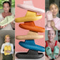 Orthopedic slide sandals with a contoured footbed, in orange, yellow, pink and blue