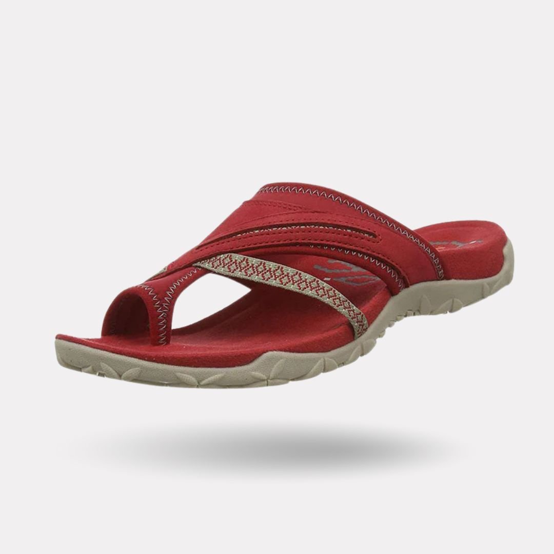 Orthopedic sandals with a wide toe strap that frees the bunion, in black, gray, blue or red