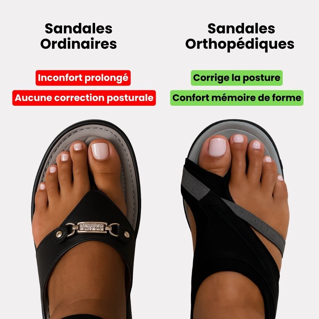 Orthopedic sandals with a wide toe strap that frees the bunion, in black, gray, blue or red