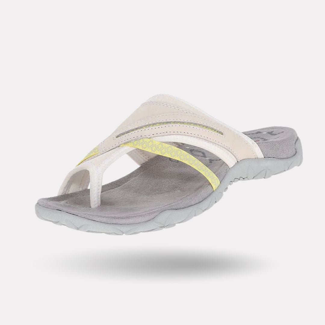 Orthopedic sandals with a wide toe strap that frees the bunion, in black, gray, blue or red