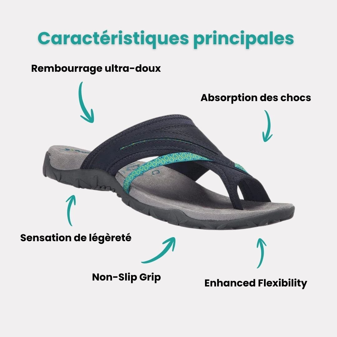 Orthopedic sandals with a wide toe strap that frees the bunion, in black, gray, blue or red