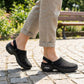 Lightweight orthopedic slide sandals with a cushioned contoured footbed