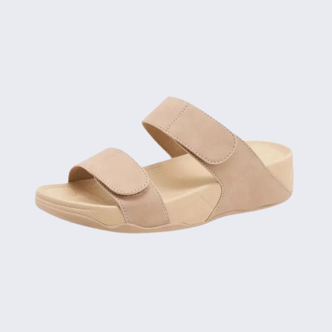 Lightweight orthopedic sandals in beige, black and blue with a molded arch-support footbed