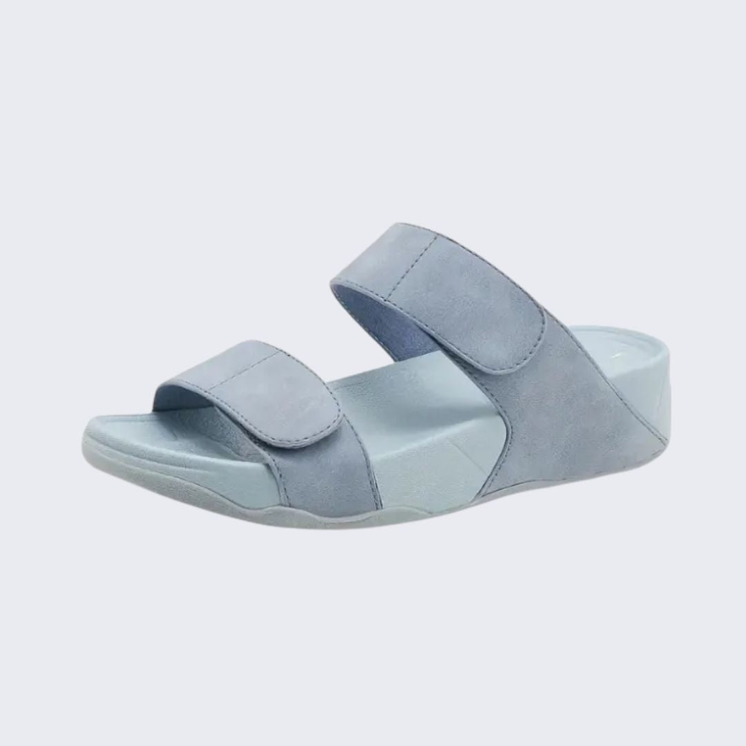 Lightweight orthopedic sandals in beige, black and blue with a molded arch-support footbed