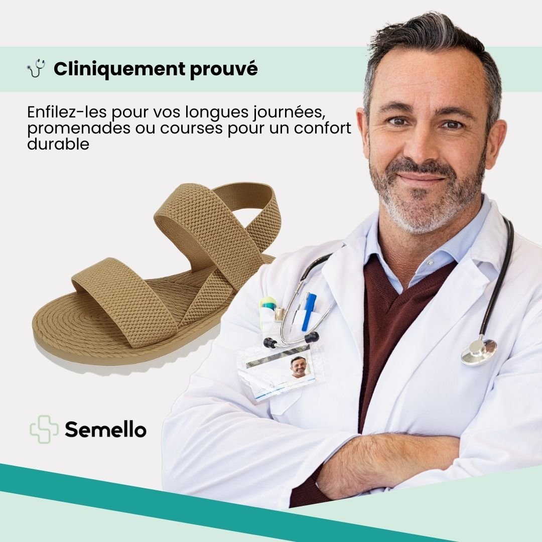 Flat orthopedic sandals with a discreet arch in the footbed, in caramel, black and white