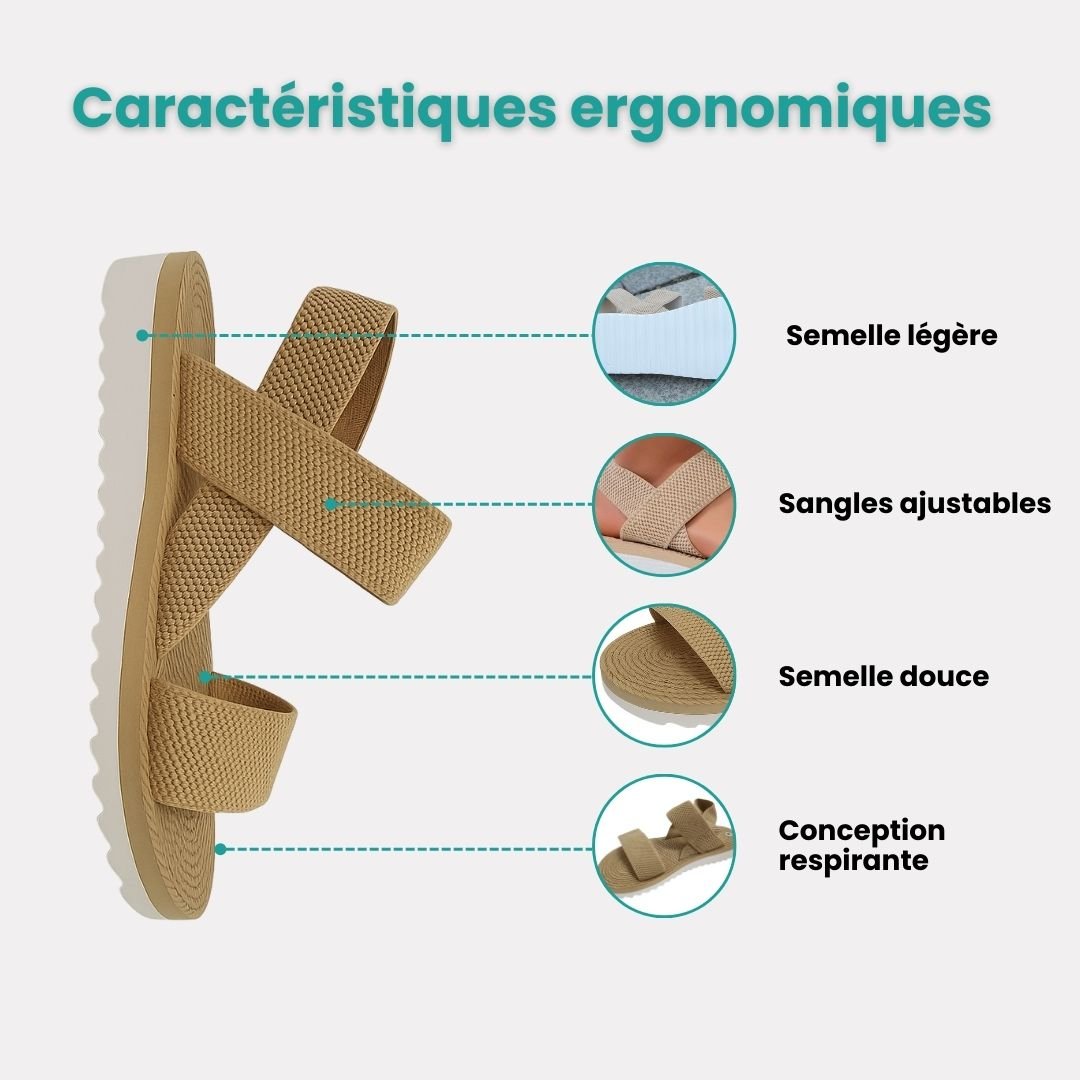 Flat orthopedic sandals with a discreet arch in the footbed, in caramel, black and white