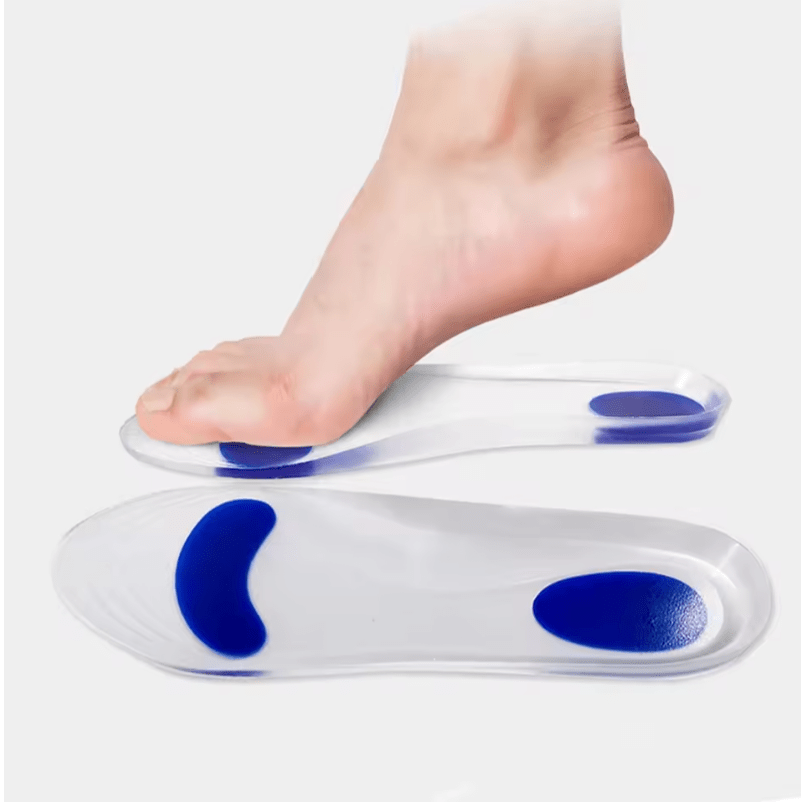 Pair of clear silicone insoles with a cushioned heel pad for shock absorption