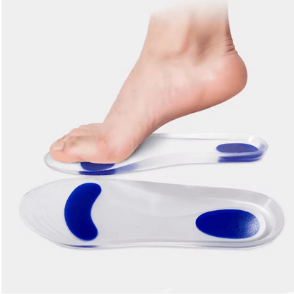 Pair of clear silicone insoles with a cushioned heel pad for shock absorption