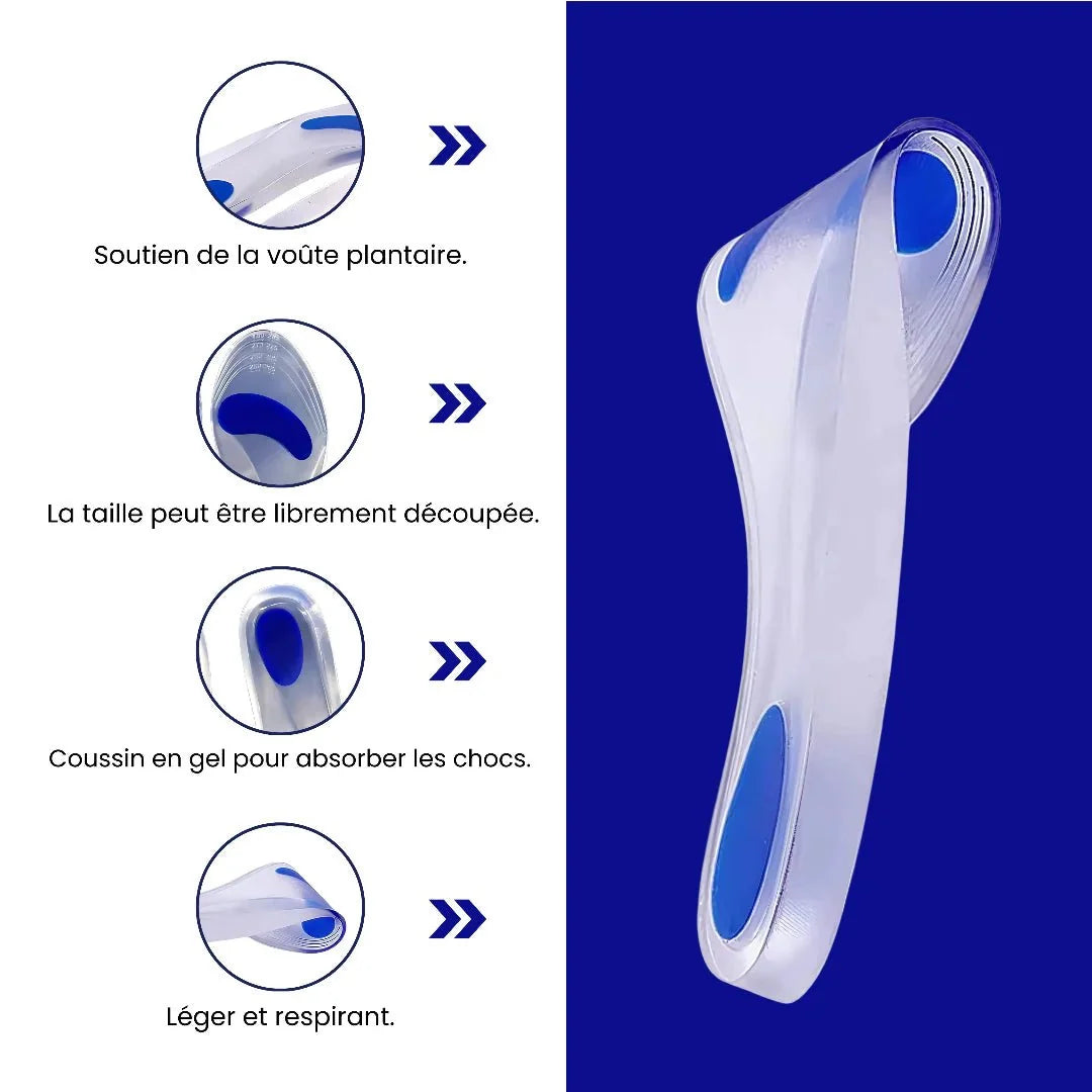 Pair of clear silicone insoles with a cushioned heel pad for shock absorption