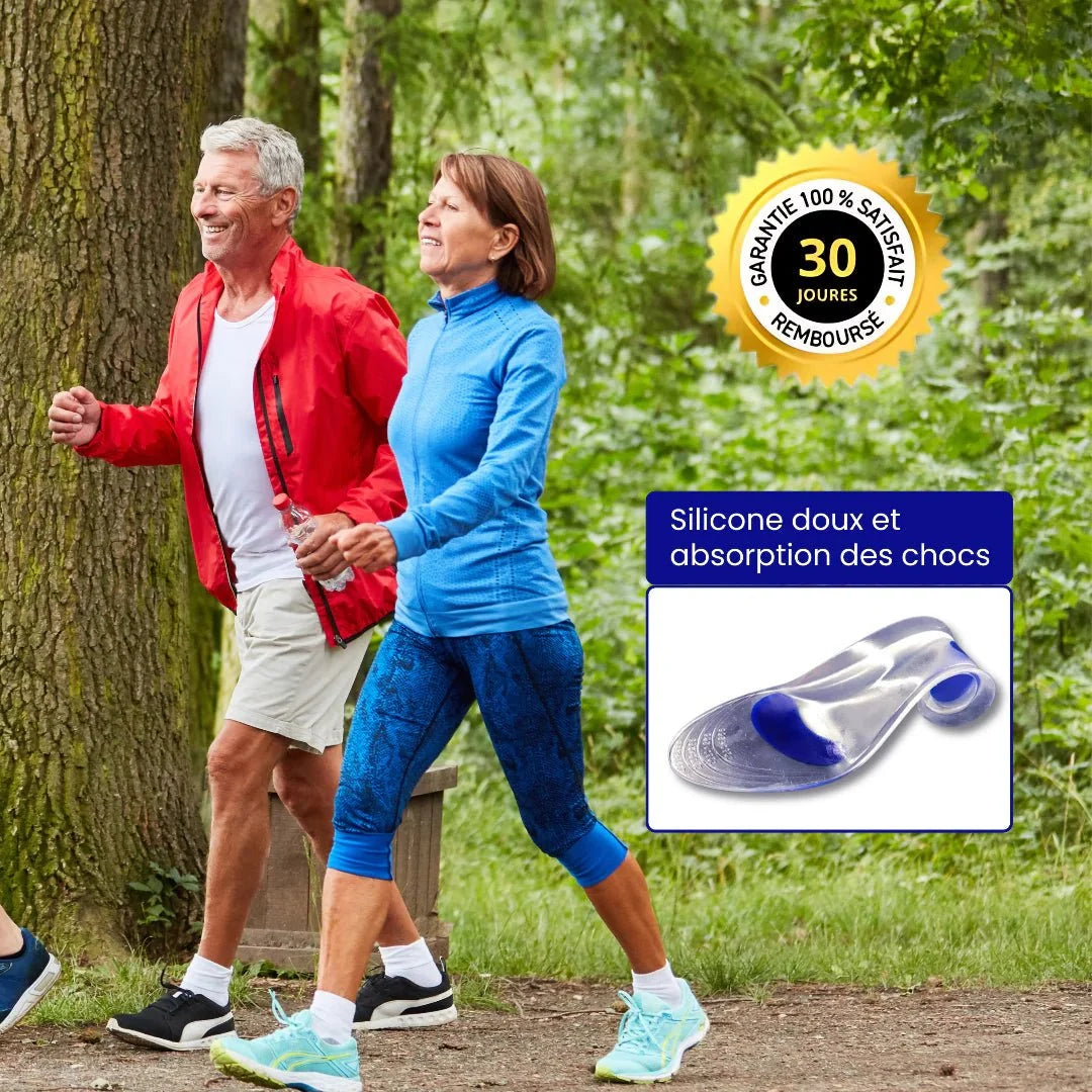 Pair of clear silicone insoles with a cushioned heel pad for shock absorption