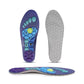 Blue and red acupressure insoles covered with raised massage nubs, placed inside the shoe