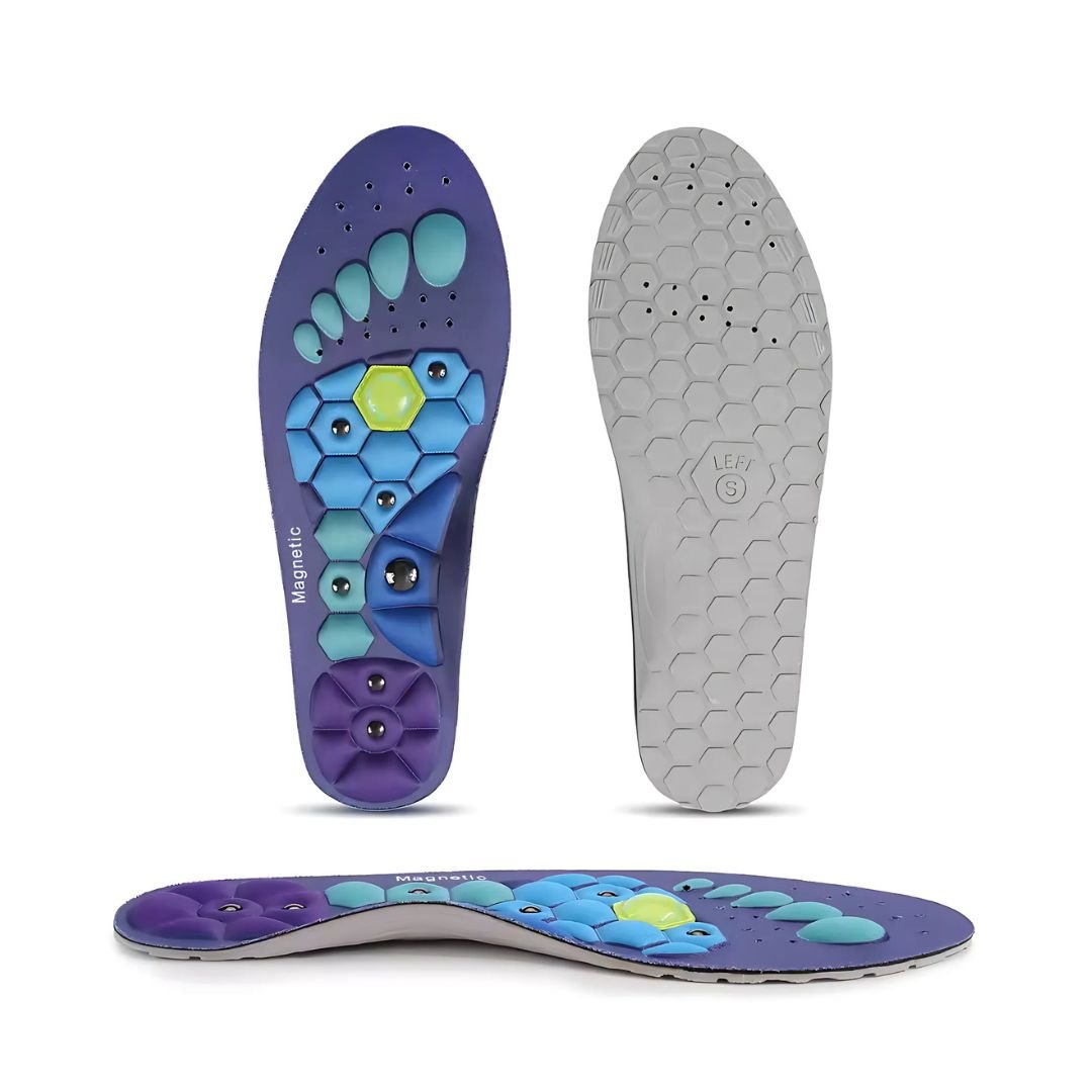 Blue and red acupressure insoles covered with raised massage nubs, placed inside the shoe
