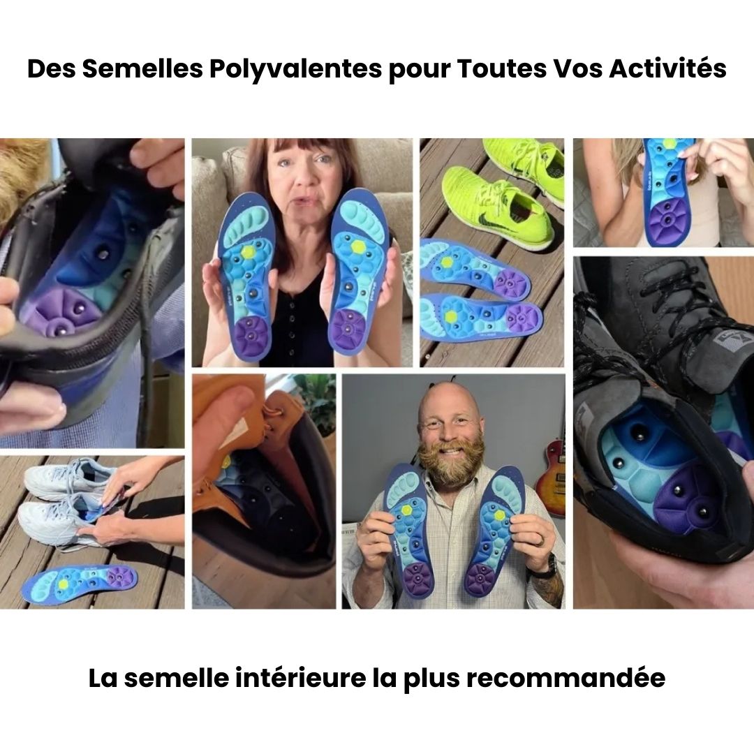 Blue and red acupressure insoles covered with raised massage nubs, placed inside the shoe