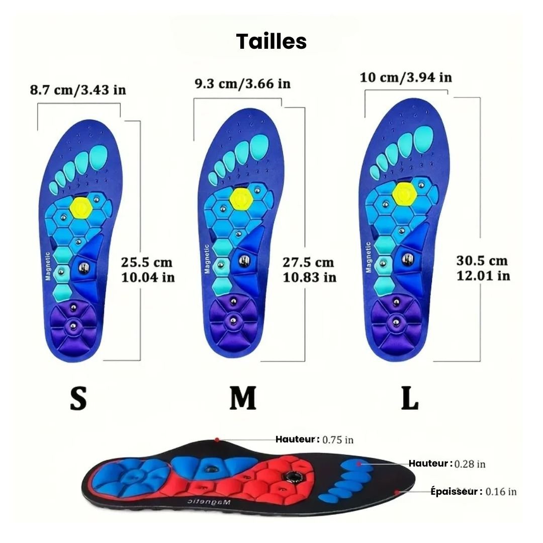 Blue and red acupressure insoles covered with raised massage nubs, placed inside the shoe