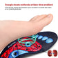 Blue and red acupressure insoles covered with raised massage nubs, placed inside the shoe