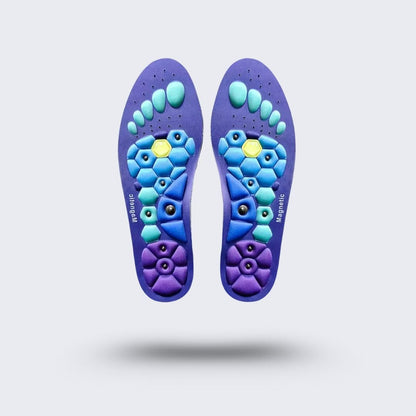 Blue and red acupressure insoles covered with raised massage nubs, placed inside the shoe