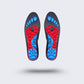 Blue and red acupressure insoles covered with raised massage nubs, placed inside the shoe