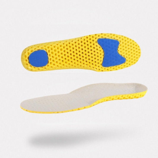 Cushioned sport insoles with shock-absorbing pads under the heel and the forefoot
