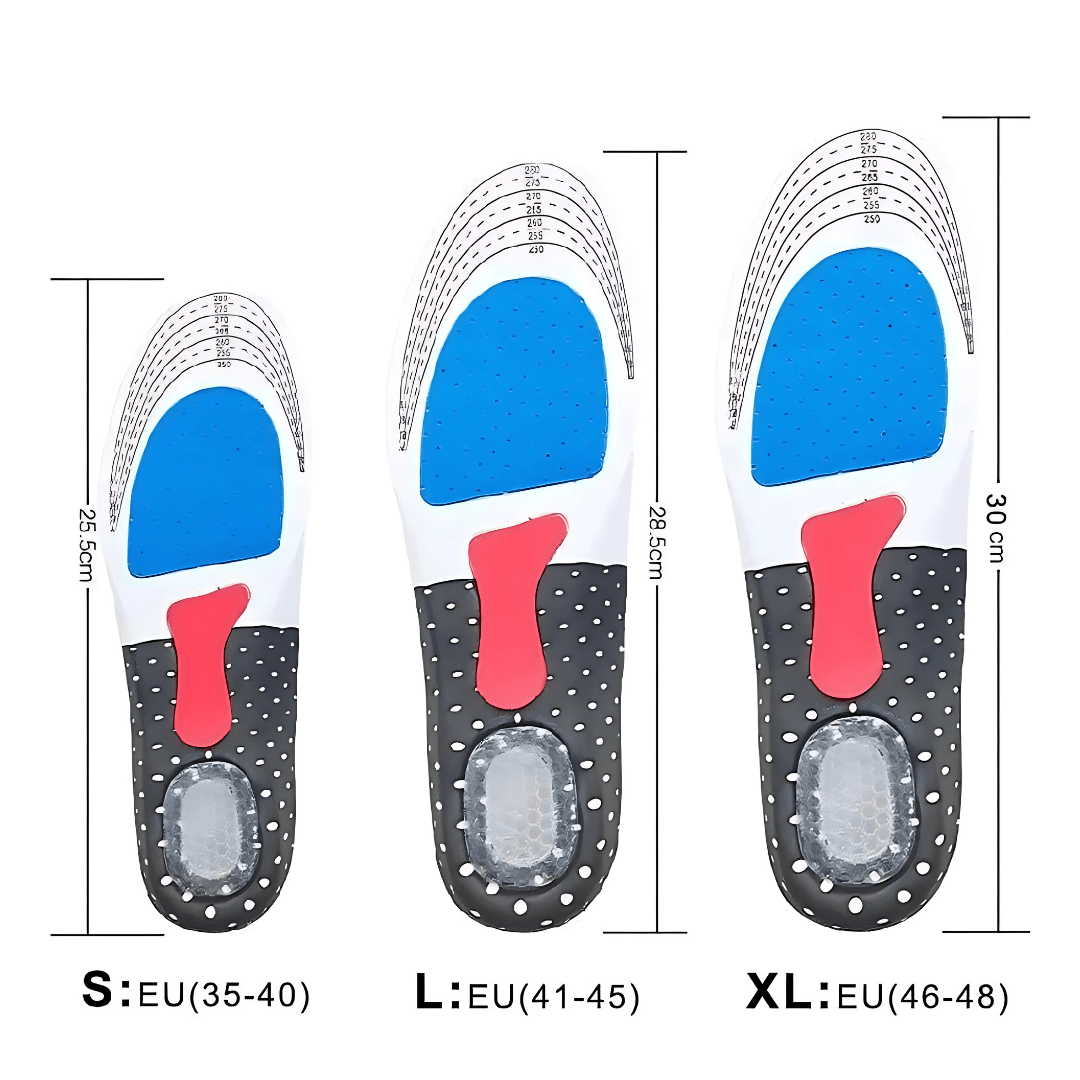 Gel insoles with a thick cushioned heel pad, slid inside the shoe