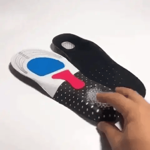 Gel insoles with a thick cushioned heel pad, slid inside the shoe