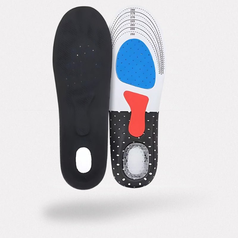 Gel insoles with a thick cushioned heel pad, slid inside the shoe