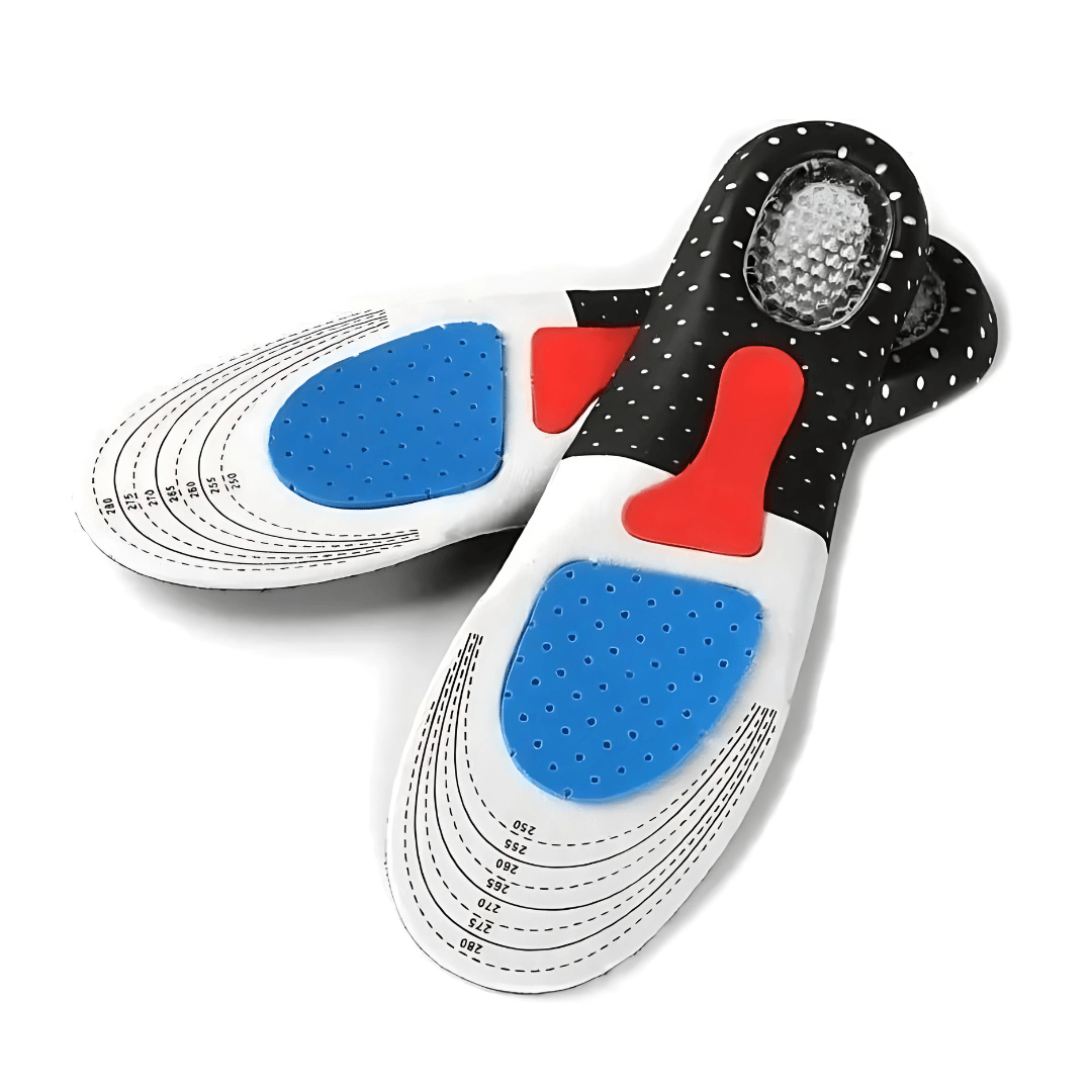 Gel insoles with a thick cushioned heel pad, slid inside the shoe