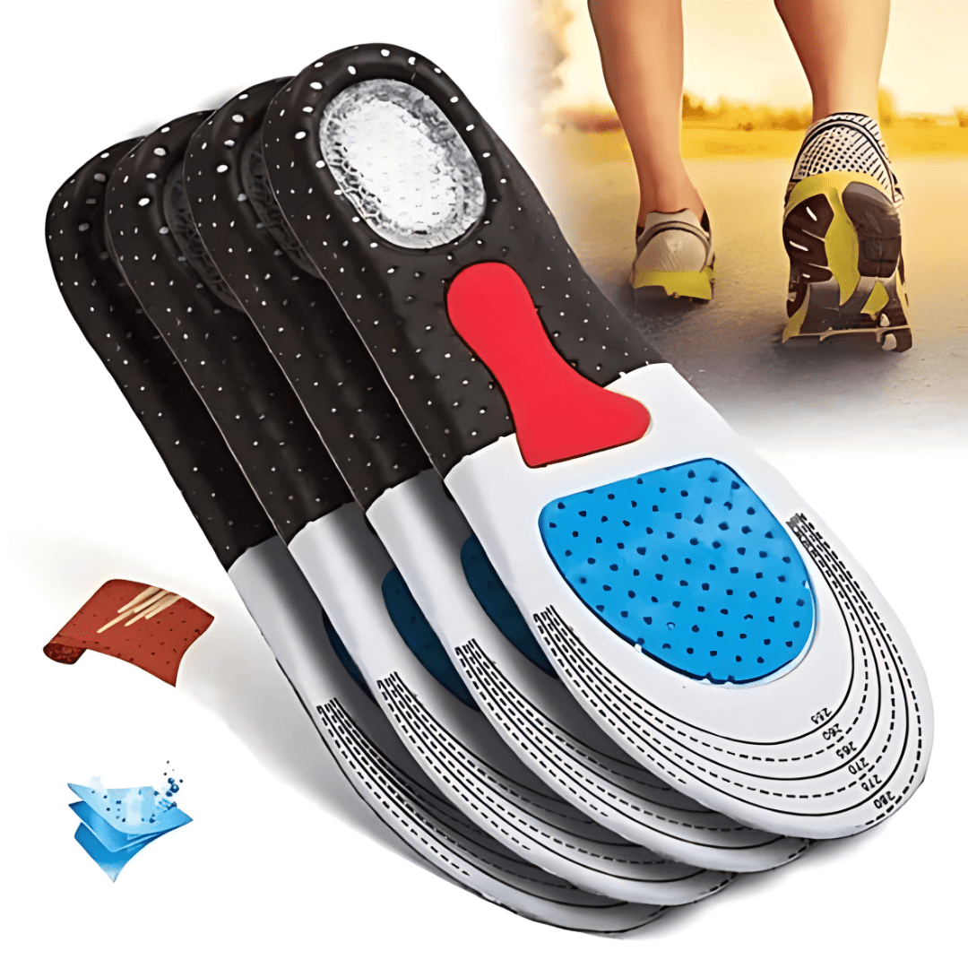 Gel insoles with a thick cushioned heel pad, slid inside the shoe