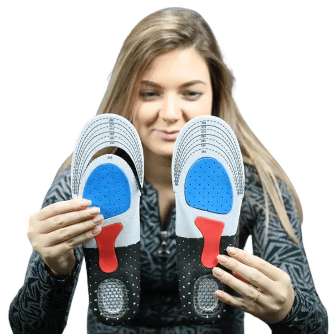 Gel insoles with a thick cushioned heel pad, slid inside the shoe