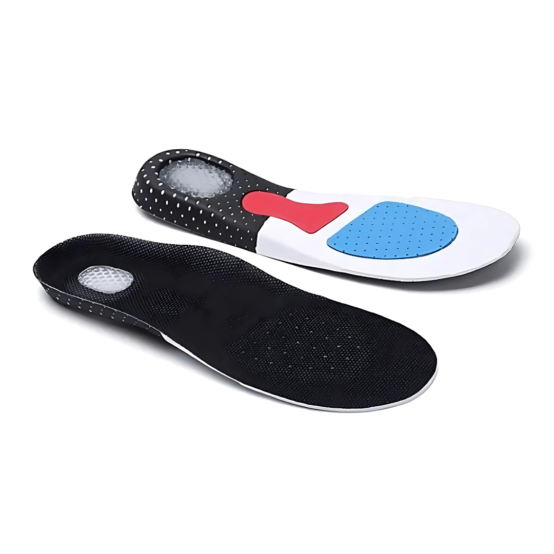 Gel insoles with a thick cushioned heel pad, slid inside the shoe