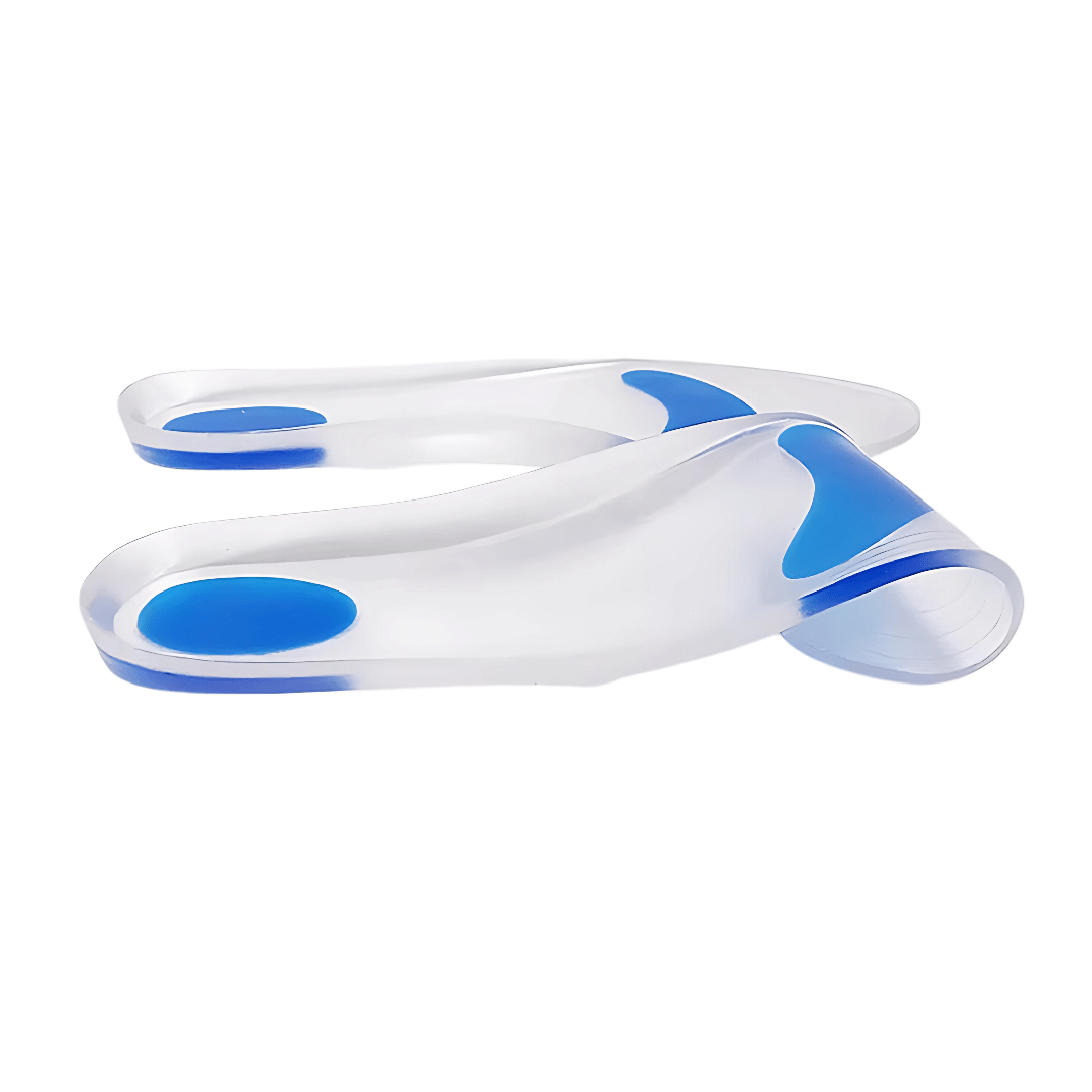 Pair of clear silicone insoles with a cushioned heel pad for shock absorption
