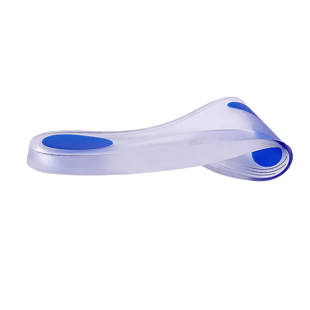 Pair of clear silicone insoles with a cushioned heel pad for shock absorption
