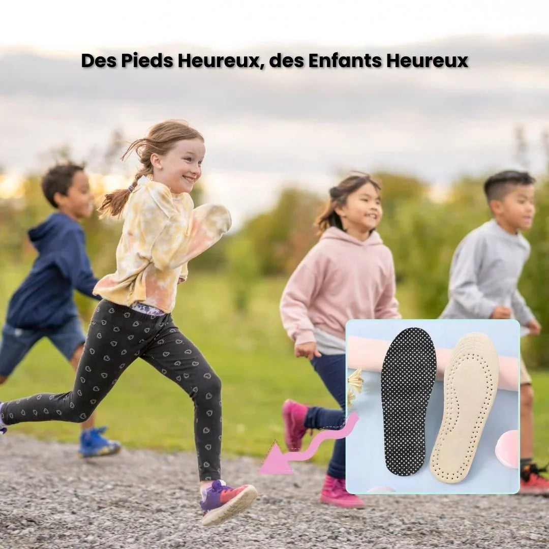 Pair of breathable leather insoles cut to fit inside children's shoes